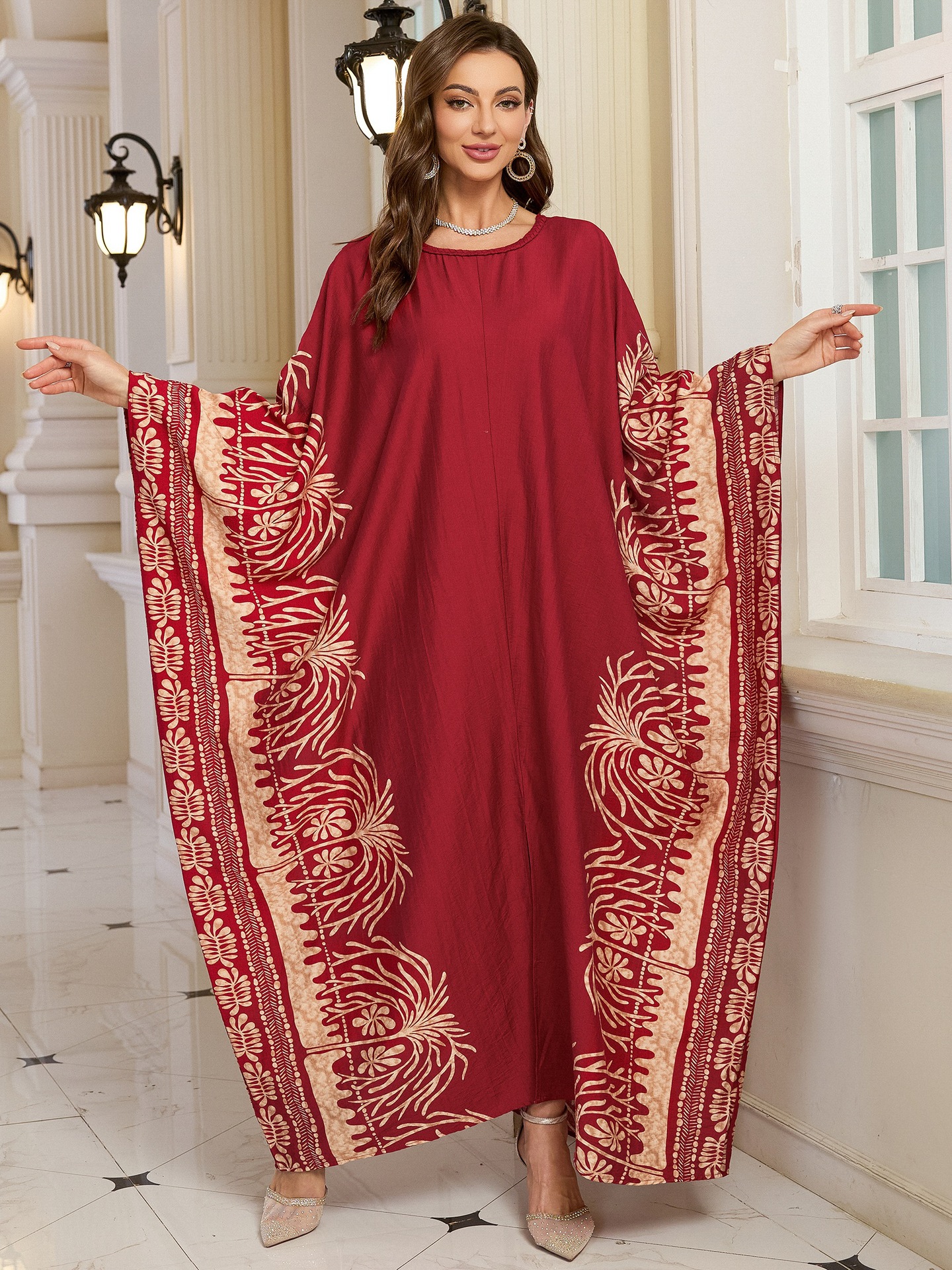 Geometric Pattern Kaftan Maxi Dress with Long Batwing Sleeves for Beach Cover Up